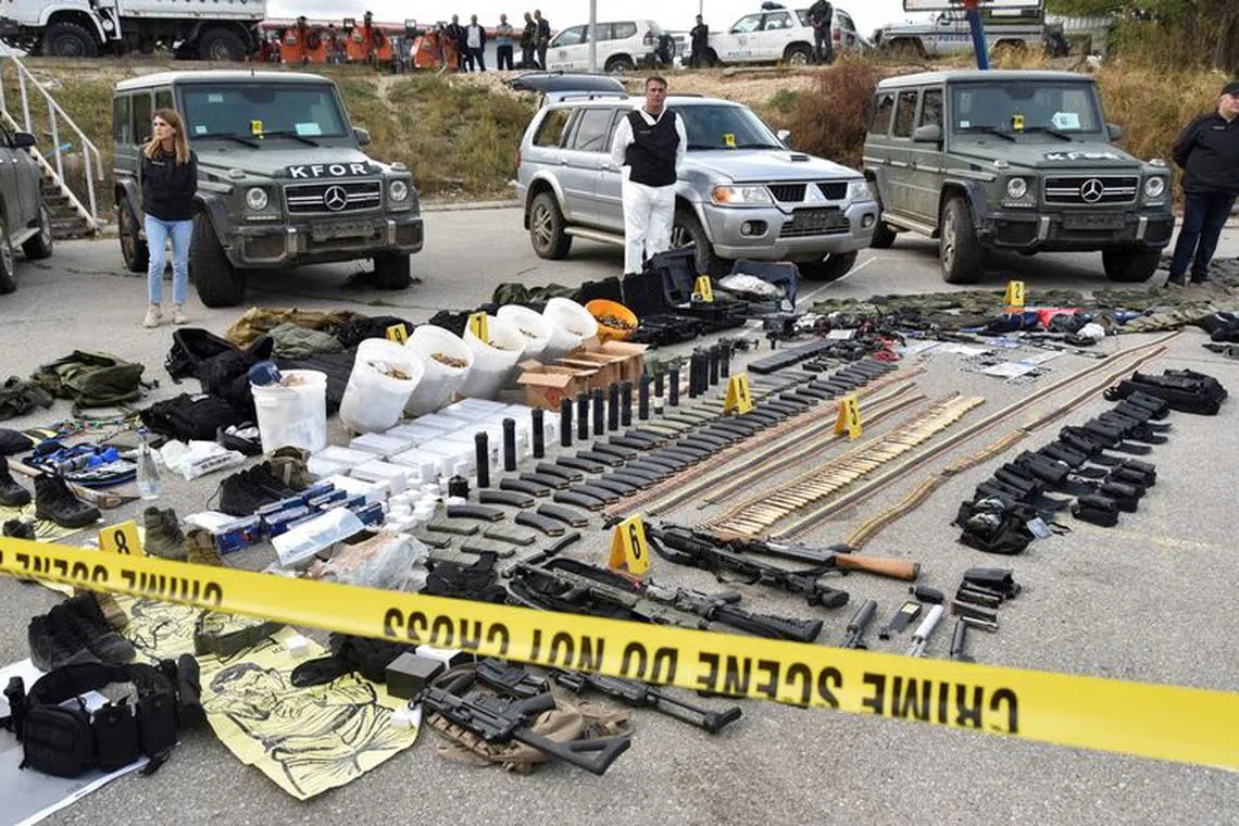 FILE PHOTO: Kosovo police displays weapons and military equipment, seized during a police operation in the village of Banjska, at a police camp near Mitrovica, Kosovo September 25, 2023. Reuters REUTERS/Laura Hasani/File Photo