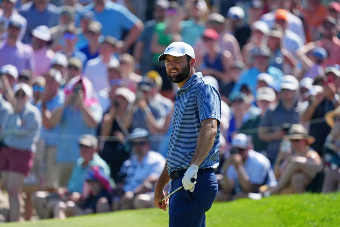 FILE PHOTO: May 19, 2024; Louisville, Kentucky, USA; Scottie Scheffler lines up a putt on the 18th hole during the final round of the PGA Championship golf tournament at Valhalla Golf Club. Mandatory Credit: Matt Stone-USA TODAY Sports