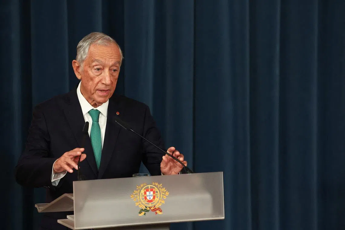 FILE PHOTO: Portuguese President Marcelo Rebelo de Sousa speaks during the swearing-in ceremony of the new government, at Ajuda Palace in Lisbon, Portugal April 2, 2024. REUTERS/Pedro Nunes/File Photo