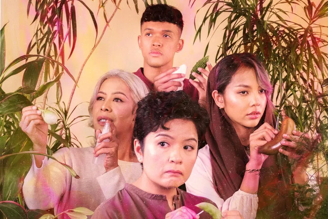 Potong by Teater Ekamatra stars (clockwise from top) Irsyad Dawood, Aisyah Aziz, Farah Ong and Jada.