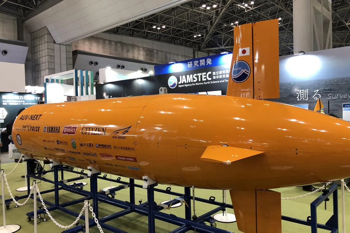 An autonomous underwater vehicle, also called an underwater drone, displayed at the April 10-12 Sea Japan conference in Tokyo.