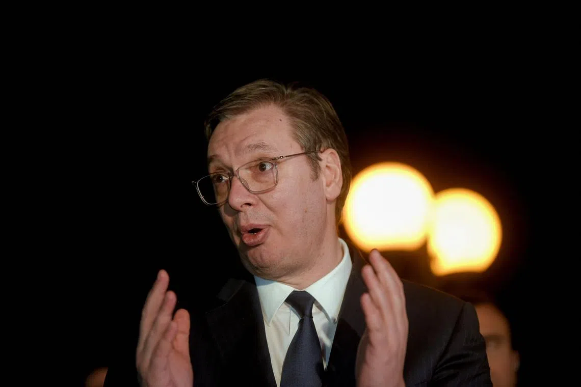 Serbian President Aleksandar Vucic addresses the media after holding meetings as part of Kosovo-Serbia talks, in Ohrid on March 18, 2023. - Kosovo's Prime Minister and Serbia's President held talks at a meeting chaired by the EU's Foreign Policy Chief, aimed at normalising relations between the two countries, after the two sides failed to reach an agreement in Brussels last month. The negotiations will focus on how to fulfil an 11-point agreement the EU has put on the table designed to help draw a line under decades of enmity between Serbia and its former province that declared independence in 2008. (Photo by Armend NIMANI / AFP)
