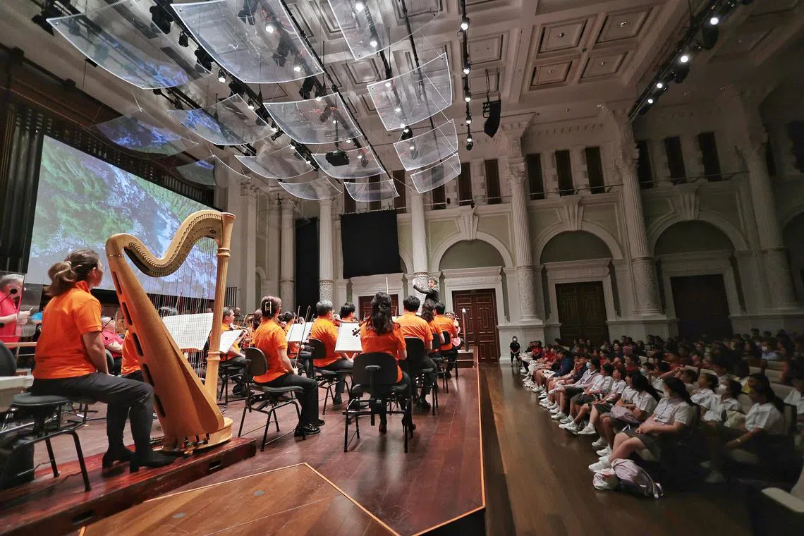 Lower secondary students get to watch Performance Arts-Based Learning (PABL) performance by Singapore Symphony Orchestra at the Victoria Concert Hall on 20 May 2024.