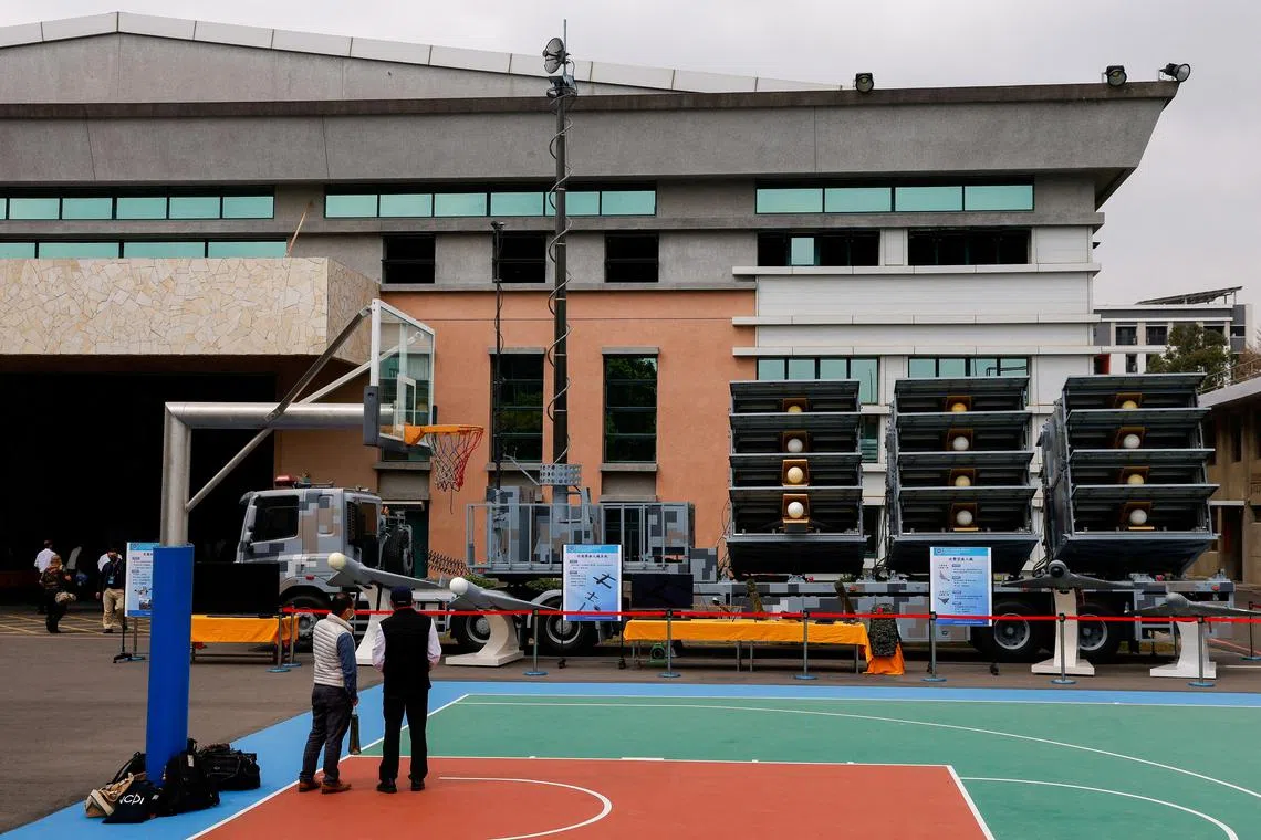 A drone launcher truck on display as Taiwan's Defence Ministry showcases its domestically developed drones to the press.