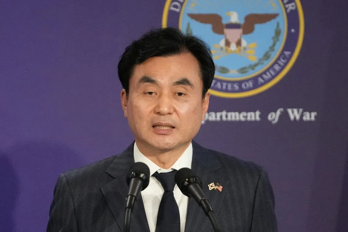 FILE PHOTO: South Korean Defense Minister Ahn Gyu-back speaks during the joint press conference with U.S. Defense Secretary Pete Hegseth, following the 57th Security Consultative Meeting at the Defense Ministry in Seoul, South Korea, Tuesday, Nov. 4, 2025.     Lee Jin-man/Pool via REUTERS/File Photo