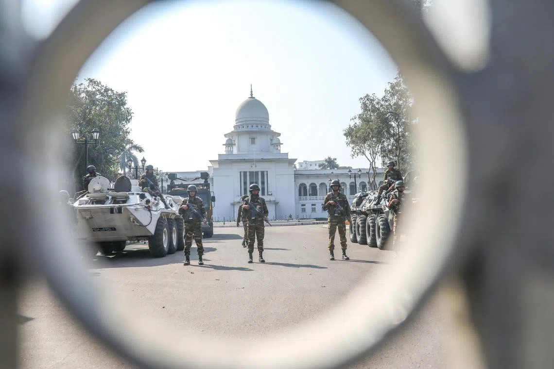Soldiers from the Bangladesh army stand guard in front of the Supreme Court in Dhaka, Bangladesh, on Feb 8, 2024.