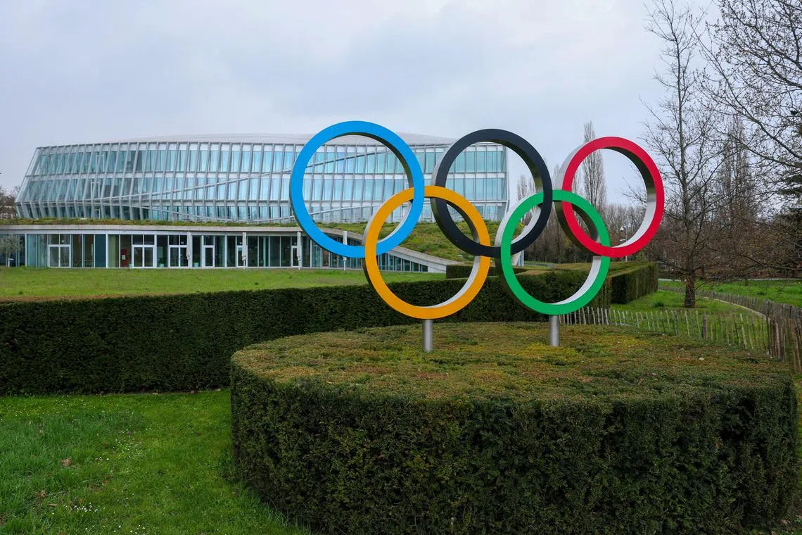 Olympic rings are pictured outside the International Olympic Committee (IOC) during an Executive Board meeting at the Olympic House in Lausanne, Switzerland, March 26, 2026. REUTERS/Denis Balibouse