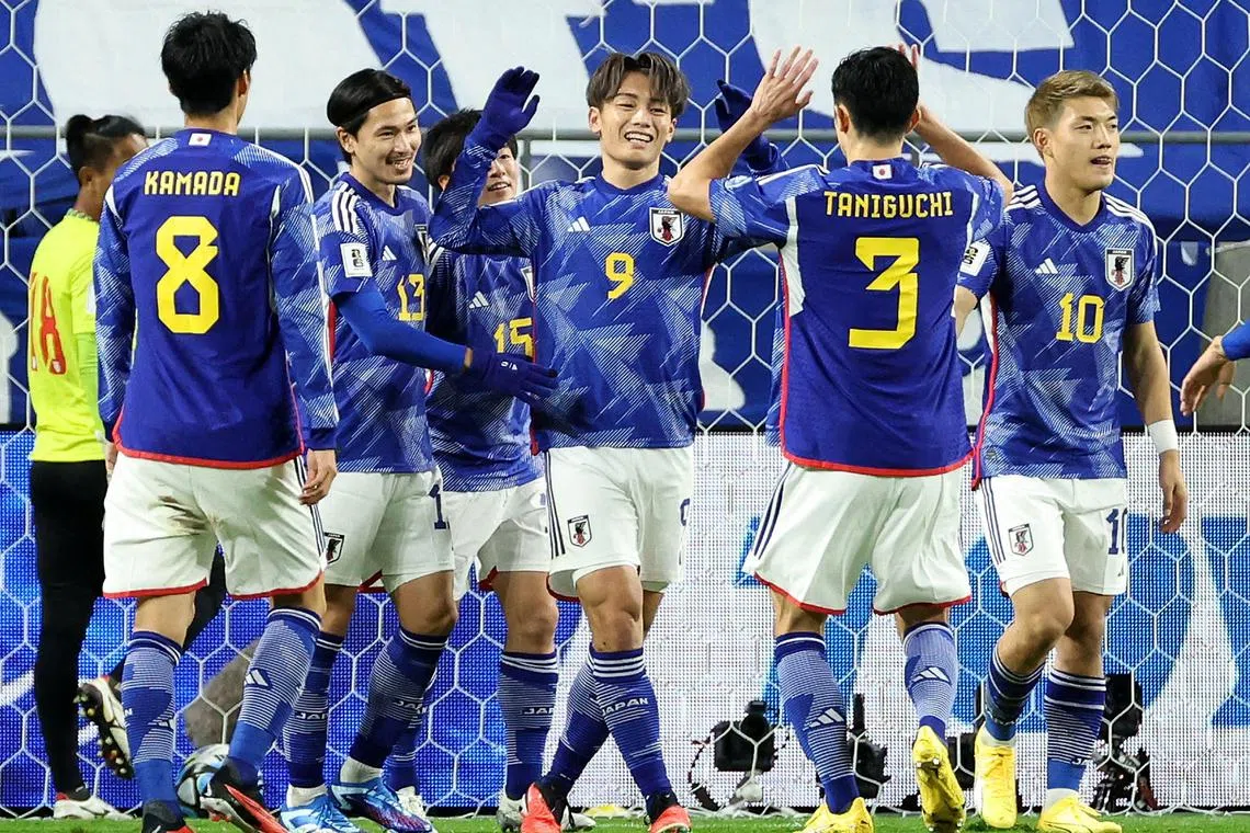 Japan forward Ayase Ueda celebrates after scoring against Myanmar in the 5-0 World Cup qualifying win.