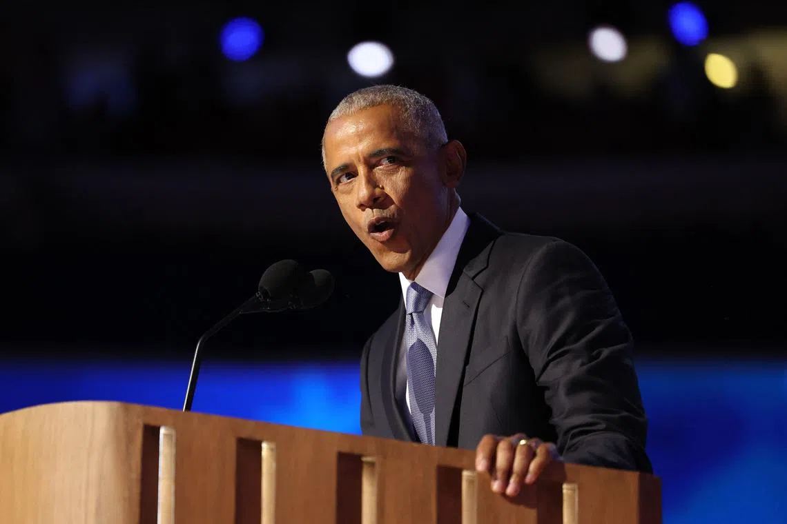 Former US President Barack Obama speaks on the second day of the Democratic National Convention  at the United Center in Chicago, on Aug 20.