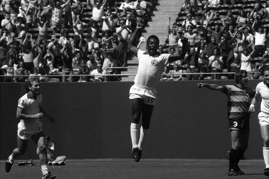 Pele celebrates a goal as the New York Cosmos defeated Ft. Lauderdale 3-0 at the Meadowlands in New Jersey on May 15, 1977. One of soccer's greatest players and a transformative figure in 20th-century sports who achieved a level of global celebrity few athletes have known.