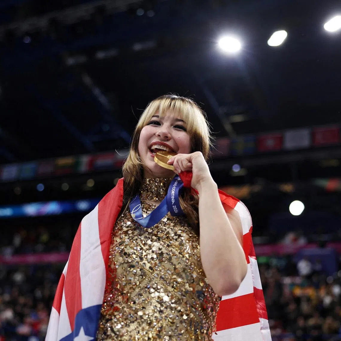 Alysa Liu of the United States celebrates after winning gold at the 2026 Milano-Cortina Winter Olympics.