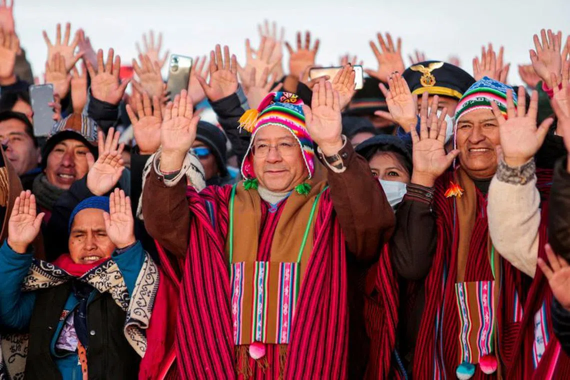 FILE PHOTO: Bolivia's President Luis Arce and former President Evo Morales attend an ancestral ceremony to ring in the Aymara New Year, in Tiwanaku, Bolivia June 21, 2022. REUTERS/Manuel Claure/File Photo