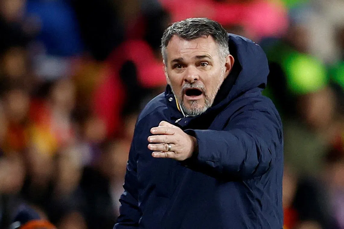 FILE PHOTO: Soccer Football - Euro 2024 Qualifier - Group A - Spain v Georgia - Estadio Jose Zorrilla, Valladolid, Spain - November 19, 2023  Georgia coach Willy Sagnol reacts REUTERS/Juan Medina/File Photo