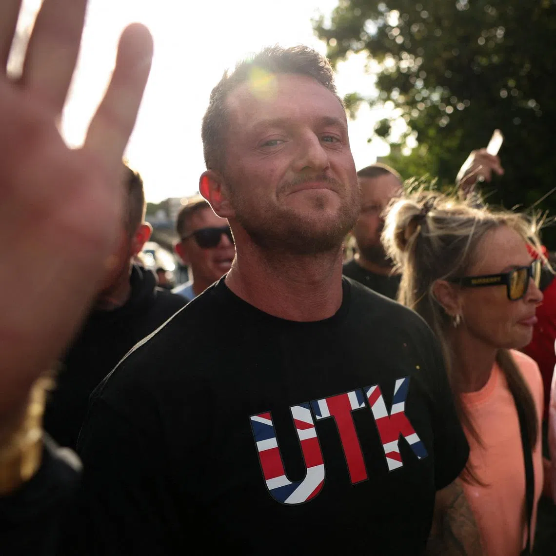 Tommy Robinson attends a demonstration following the conviction of Vikrum Digwa for the murder of student Henry Nowak in Southampton, Britain, June 2, 2026. REUTERS/Isabel Infantes