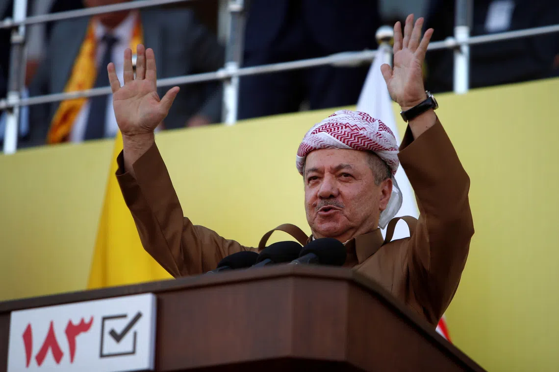 Former Iraqi Kurdistan region's President Masoud Barzani speaks to his supporters ahead of regional elections in Erbil, Iraq September 25, 2018.  REUTERS/Azad Lashkari