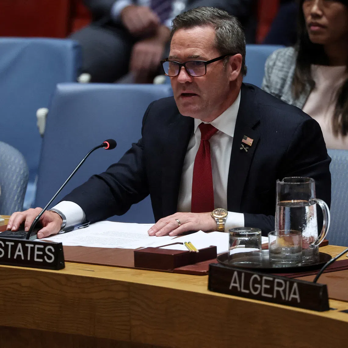 FILE PHOTO: United States Ambassador to the United Nations Mike Waltz speaks during a meeting at U.N. headquarters in New York City, U.S., September 23, 2025. REUTERS/Shannon Stapleton/File Photo