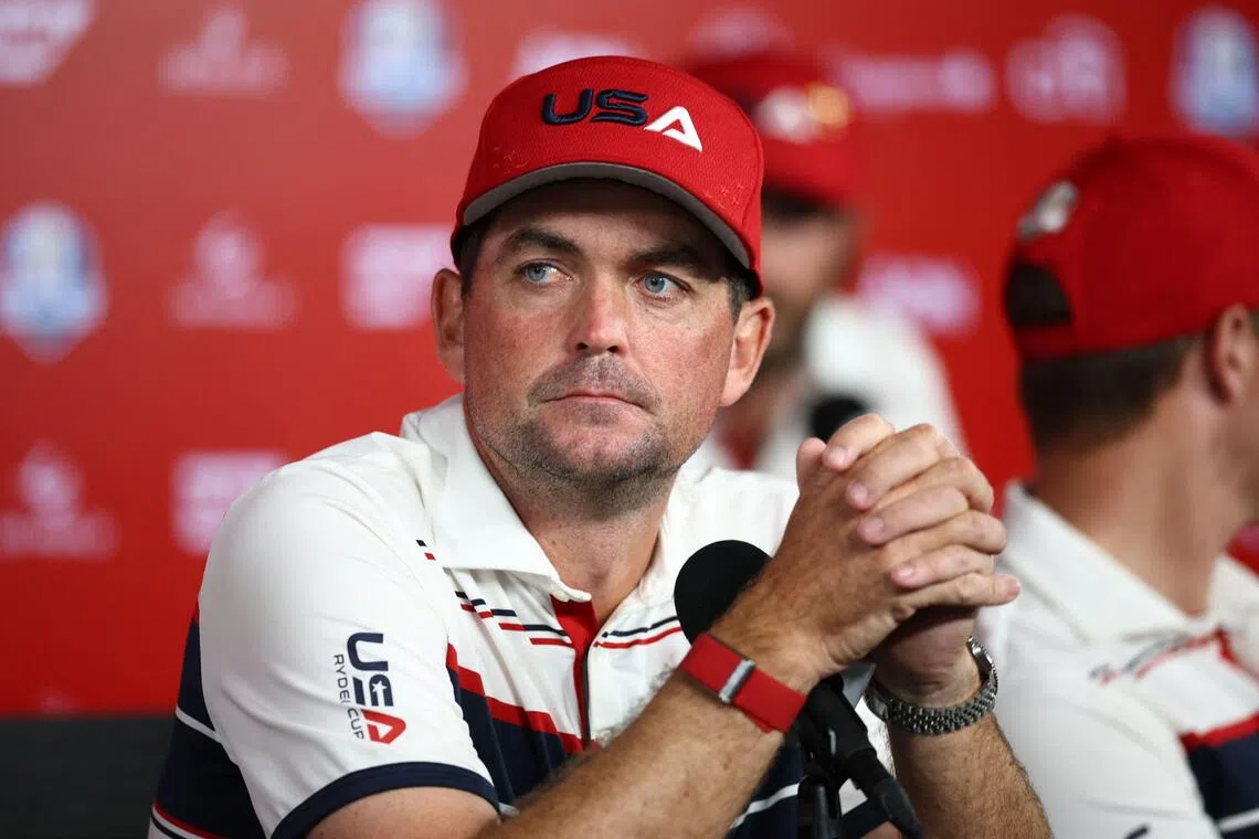 Captain Keegan Bradley of Team United States speaking with the media after Team Europe's 15-13 win after the Sunday singles matches of the 2025 Ryder Cup at Black Course at Bethpage State Park Golf Course on Sept 28, 2025, in Farmingdale, New York.