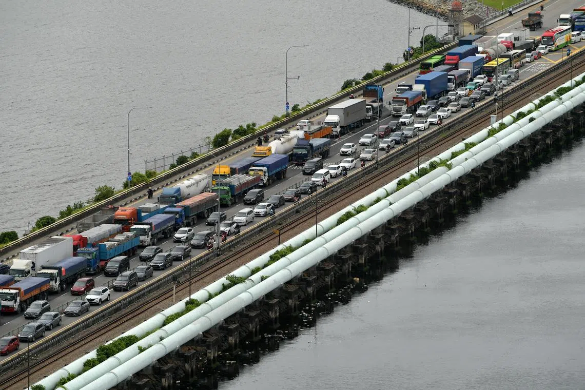 A traffic jam on the Woodlands Causeway for traffic heading toward Singapore at approximately 3.30pm on Oct 12, 2022.