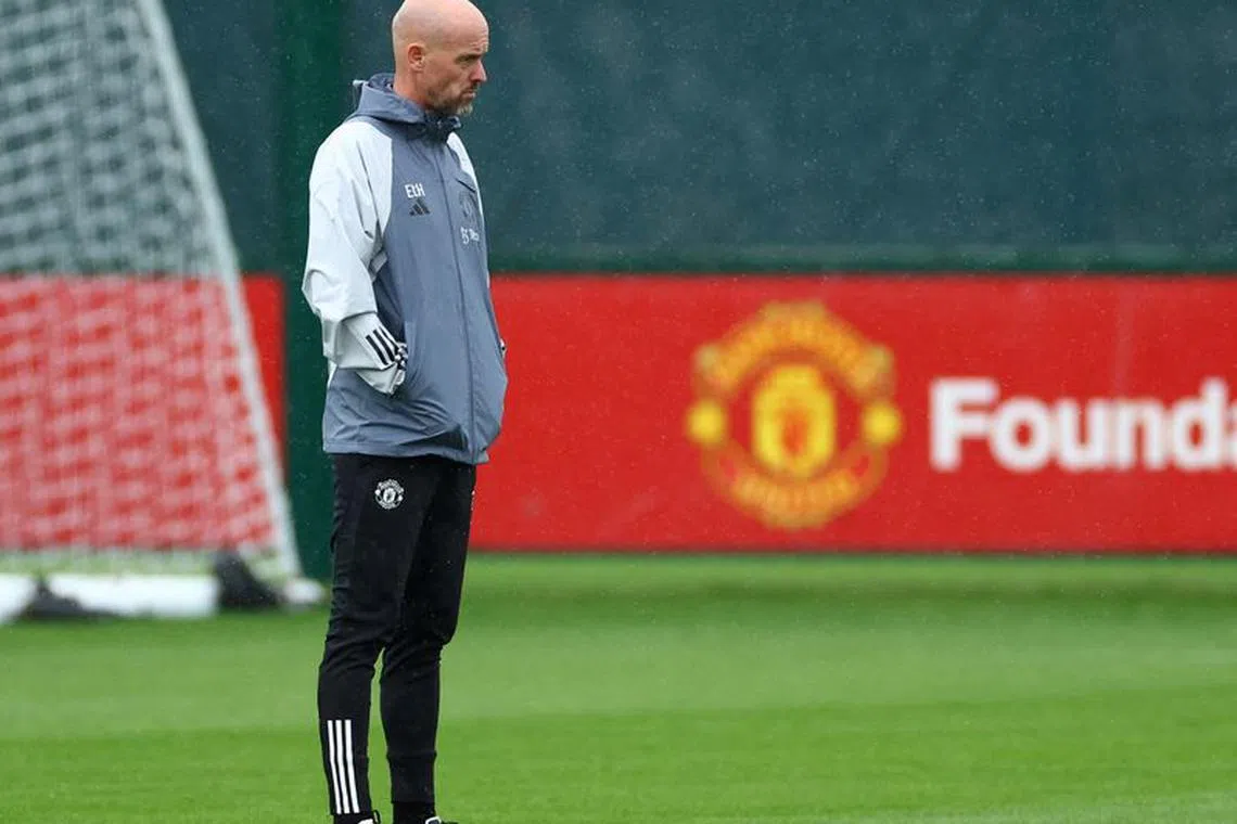 FILE PHOTO: Soccer Football - Champions League - Manchester United Training - Trafford Training Centre, Carrington, Britain - September 19, 2023 Manchester United manager Erik ten Hag during training Action Images via Reuters/Andrew Boyers/File Photo