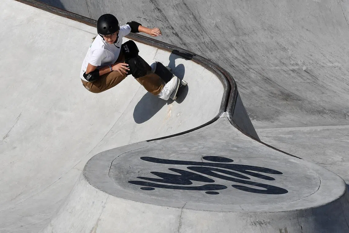 FILE PHOTO: Skateboarding - World Skateboarding Tour - 2023 World Championships - The Spot Skatepark, Ostia, Italy - October 7, 2023 Australia's Ruby Trew in action during the women's heat 1 semifinal REUTERS/Jennifer Lorenzini/File Photo