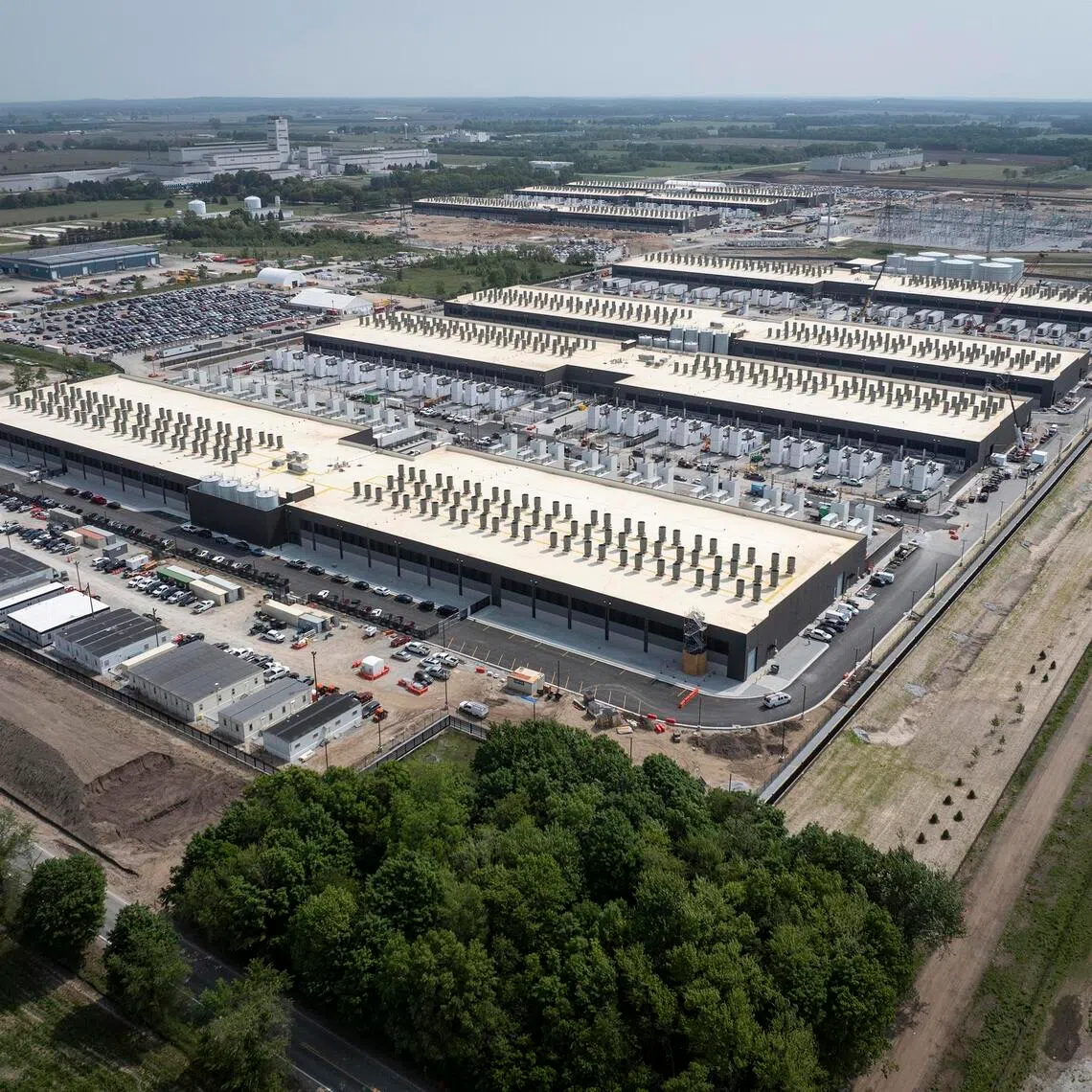 An aerial view of the Amazon Web Services complex in New Carlisle. The company, along with Google, Microsoft and Meta, has spent billions on capital expenditures, largely data centres. 