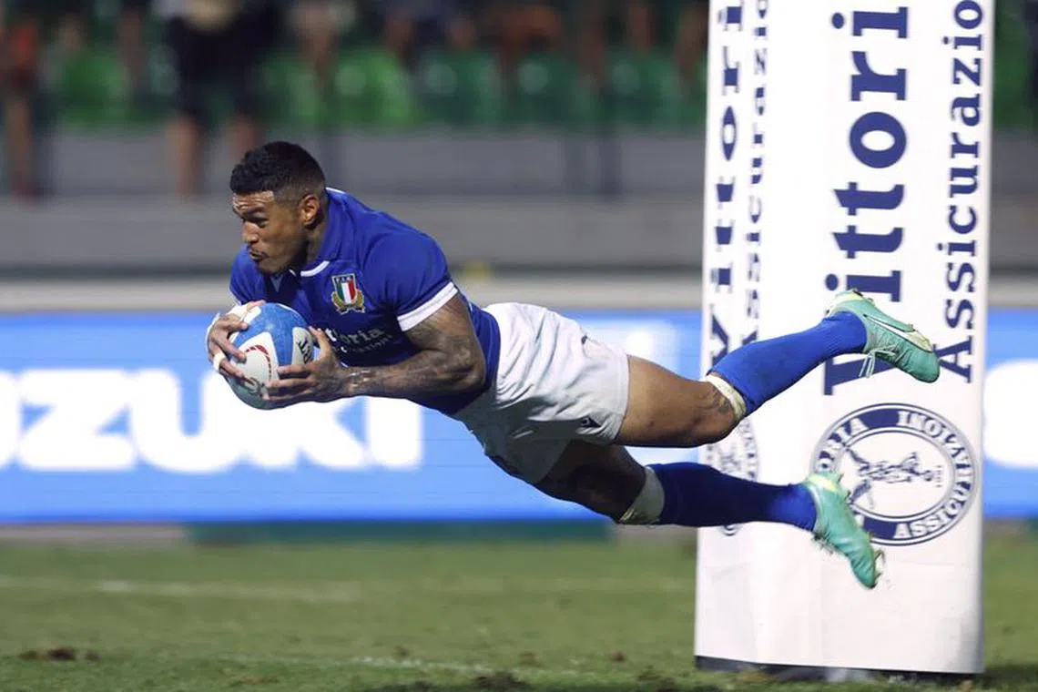 Rugby Union -  Italy v Japan - World Cup Warm Up - Stadio Comunale Monigo, Treviso, Italy - August 26, 2023 Italy's Monty Ioane scores a try Action Images via Reuters/Borut Zivulovic