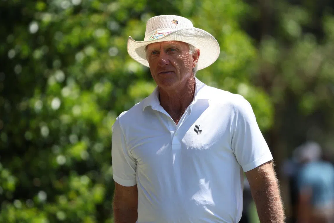 Golf - The Masters - Augusta National Golf Club, Augusta, Georgia, U.S. - April 12, 2024 Former golfer and LIV Golf Investments CEO Greg Norman pictured at the course during the second round REUTERS/Mike Segar
