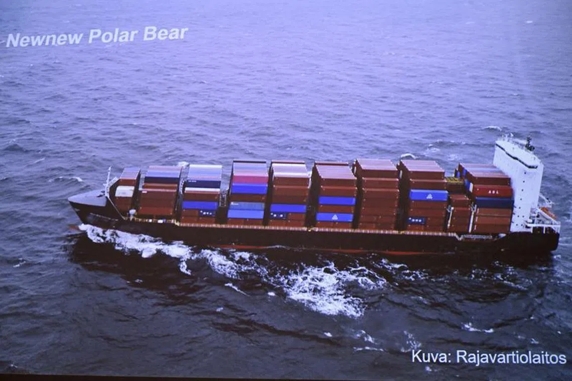 FILE PHOTO: Finnish Border Guard's photo of a Hong Kong registered cargo ship 'Newnew Polar Bear', which was spotted moving close to the Balticconnector gas line, during the joint press conference of the investigation of the possible attack on the Balticconnector gas line on 8th Oct., 2023 between Finland and Estonia at the headquarters of the National Bureau of Investigation in Vantaa, Finland, 24 October 2023.  Lehtikuva/HEIKKI SAUKKOMAA via REUTERS /File Photo