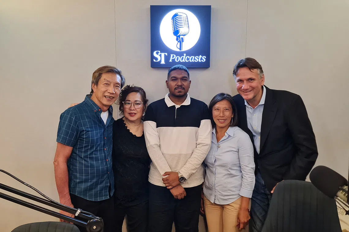 (From left) Parents of kayaker Stephenie Chen, Michael Chen and Sarah-Yvonne, ST Sports reporter Deepanraj Ganesan, parents of kitefoiler Maximilian Maeder, Hwee Keng and Valentin Maeder.