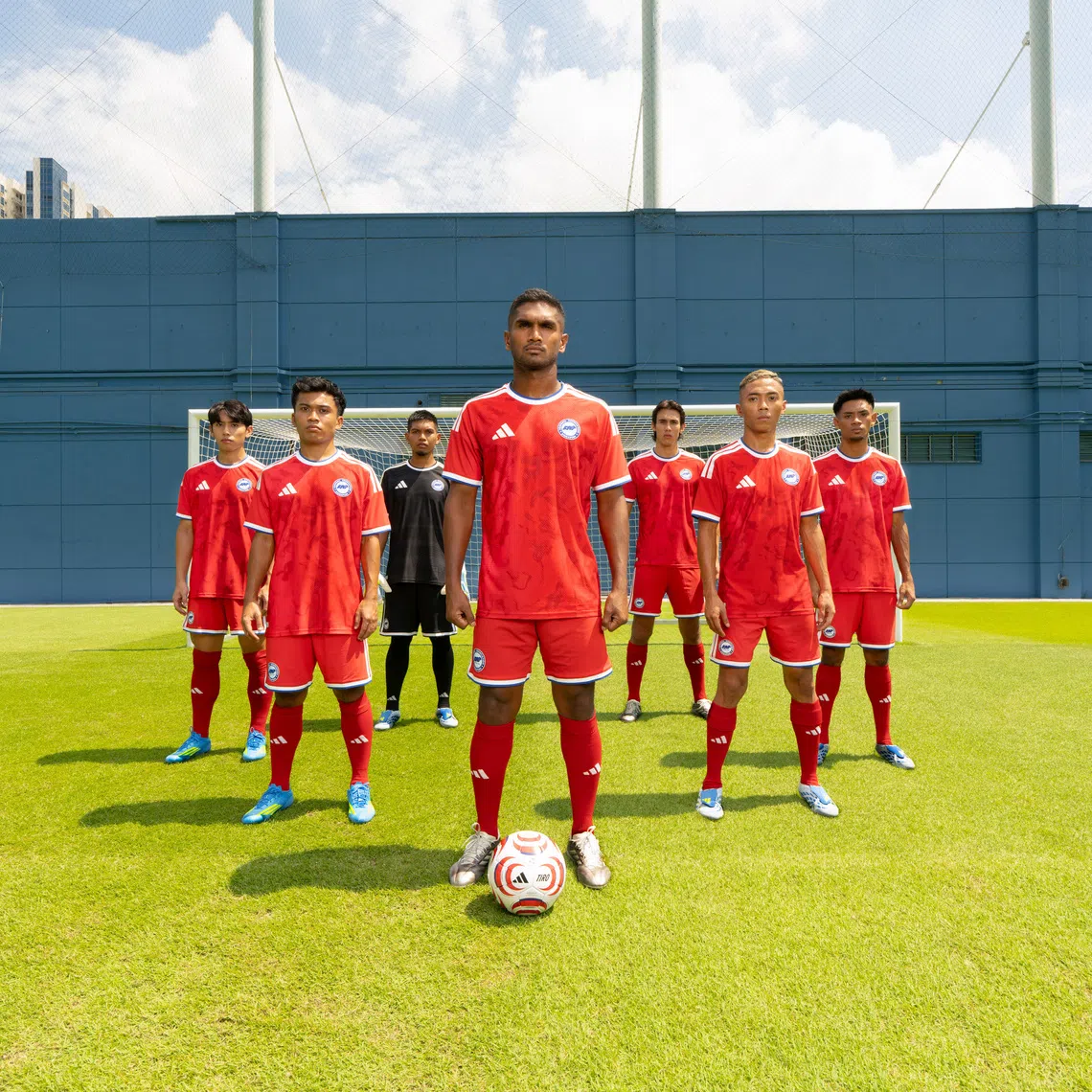 (From left) National footballers Glenn Kweh, Hami Syahin, Izwan Mahbud, Hariss Harun, Jacob Mahler, Shawal Anuar and Shah Shahiran donning the new adidas home kit.