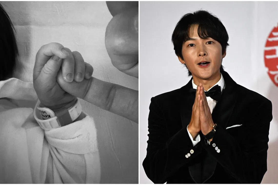Song Joong-ki posted a photo of his baby girl's hand (left) via his official fan club on Nov 20.