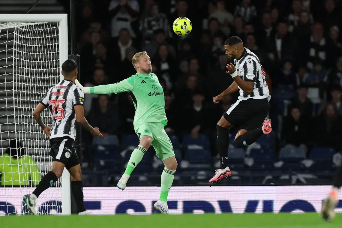 Soccer Football - Scottish League Cup Final - St Mirren v Celtic - Hampden Park, Glasgow, Scotland, Britain - December 14, 2025 St Mirren's Jonah Ayunga scores their second goal REUTERS/Russell Cheyne