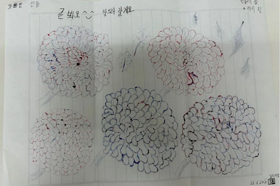 At the top of one drawing, the man wrote, “See you soon, I’ll find you”, followed by a smiley face.