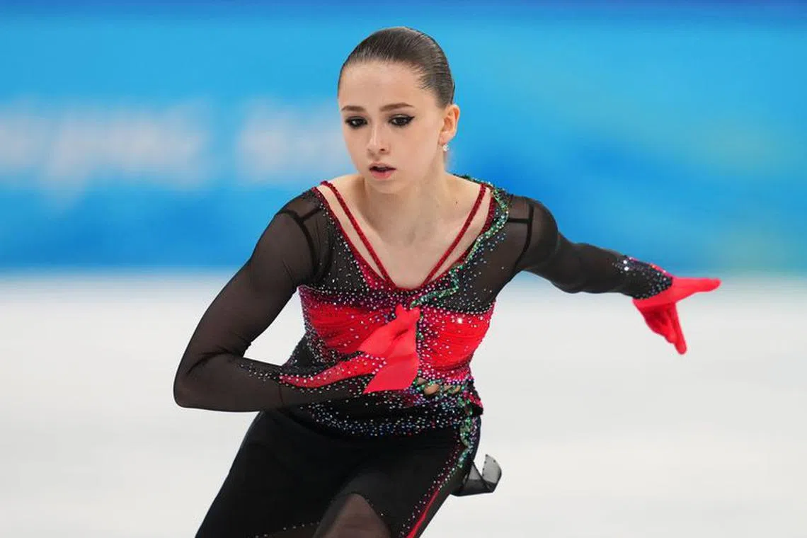 FILE PHOTO:2022 Beijing Olympics - Figure Skating - Women Single Skating - Free Skating - Capital Indoor Stadium, Beijing, China - February 17, 2022. Kamila Valieva of the Russian Olympic Committee in action. REUTERS/Aleksandra Szmigiel/File Photo
