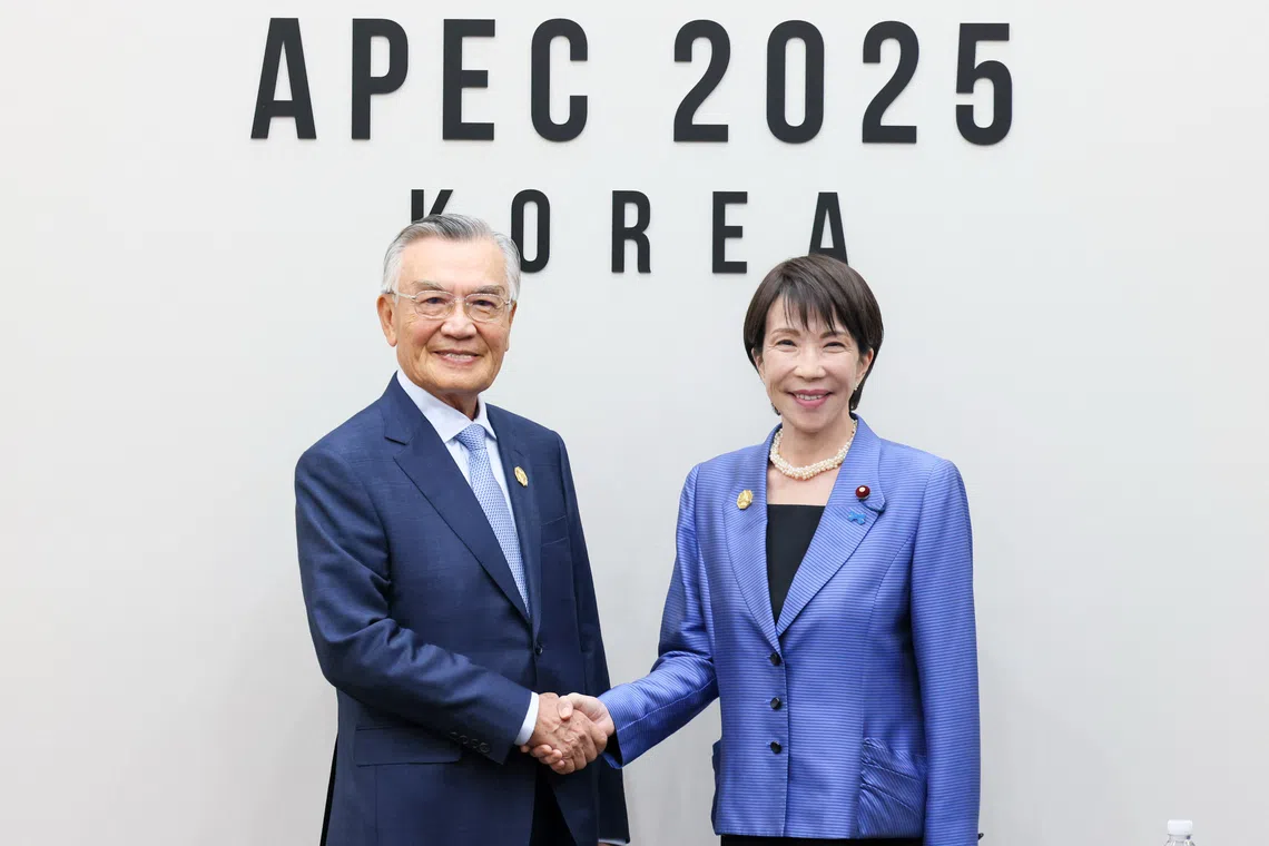 Ms Takaichi met Mr Lin Hsin-i (left), Taiwan’s presidential adviser, on Oct 31 and Nov 1, according to X posts by the Japanese prime minister. 