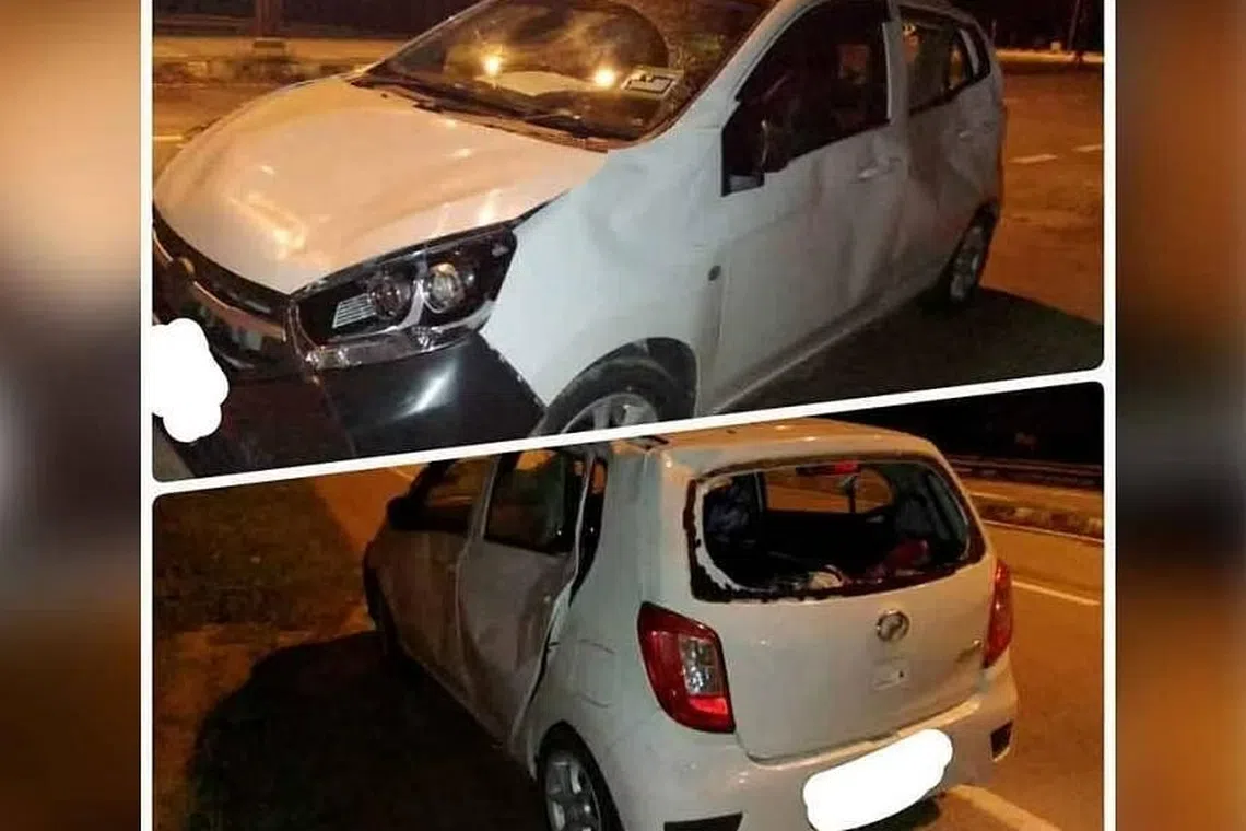 The vehicle with a family of three hit an elephant calf and was then damaged after it was trampled by the rest of the herd.