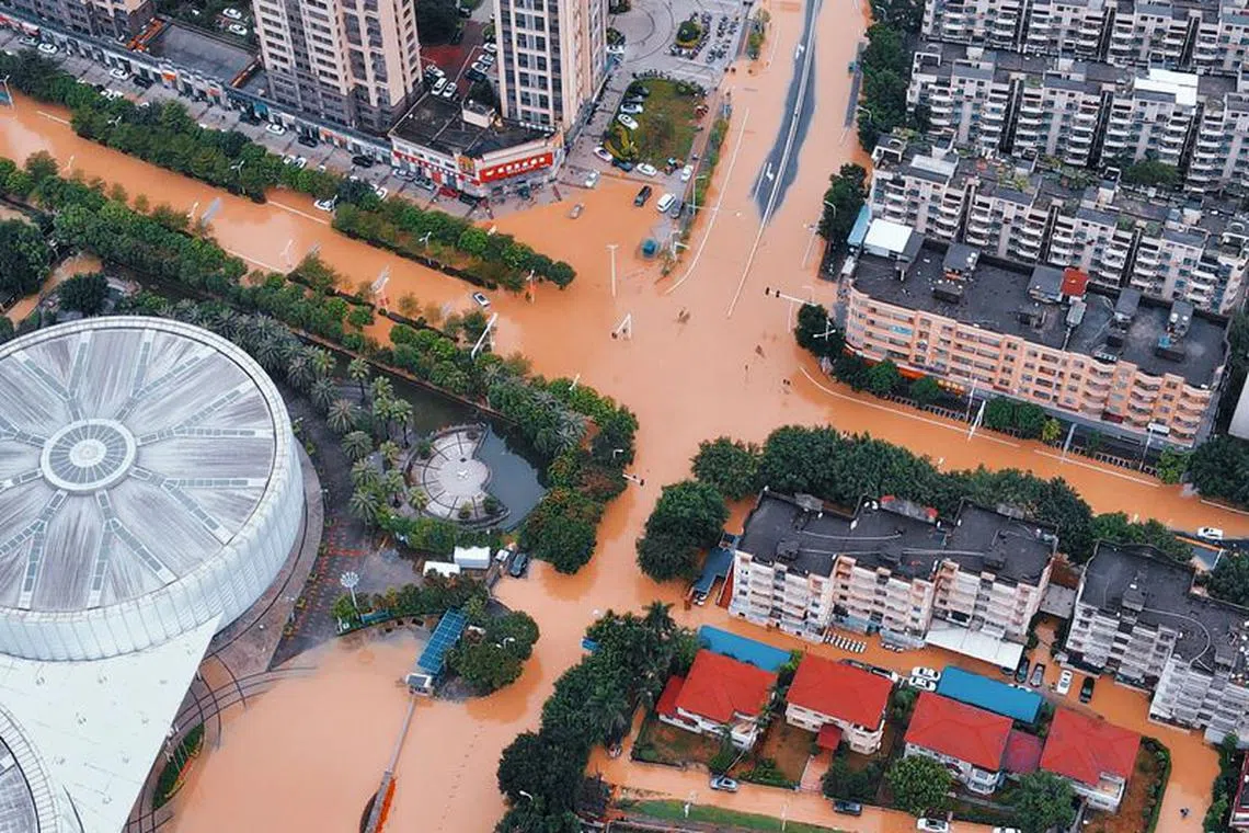 An aerial view shows flooded streets on the outskirts of Fuzhou, after heavy rains brought by typhoon Haikui in Fujian province, China September 5, 2023. cnsphoto via REUTERS/File Photo