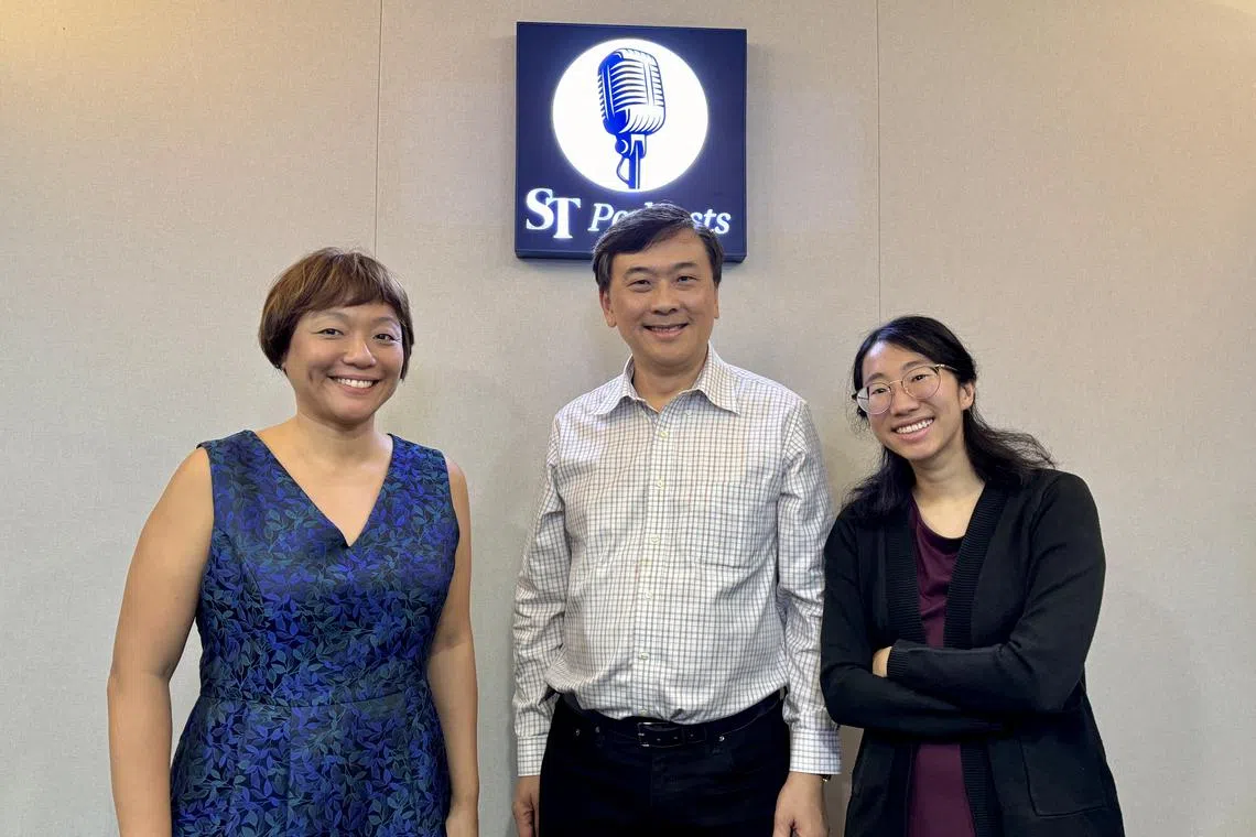 (From left) Assistant podcast editor Lynda Hong, Mogul.sg's chief research officer Nicholas Mak and business correspondent Sue-Ann Tan in the ST podcast studio. 