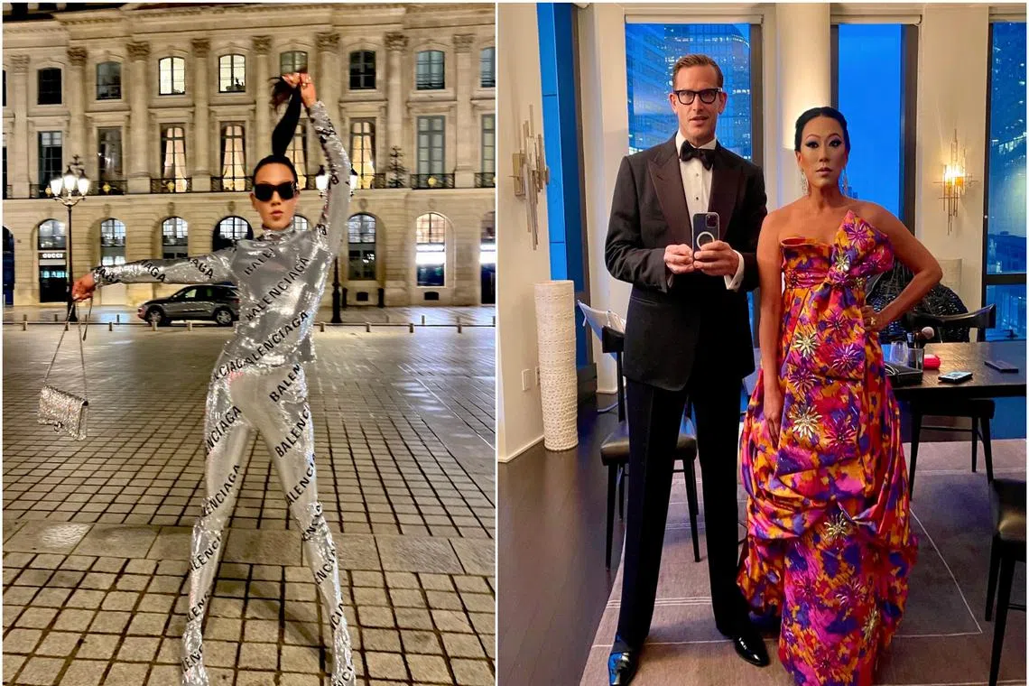 Lynn Ban in an iconic Balenciaga bodysuit (left) and with her husband. 