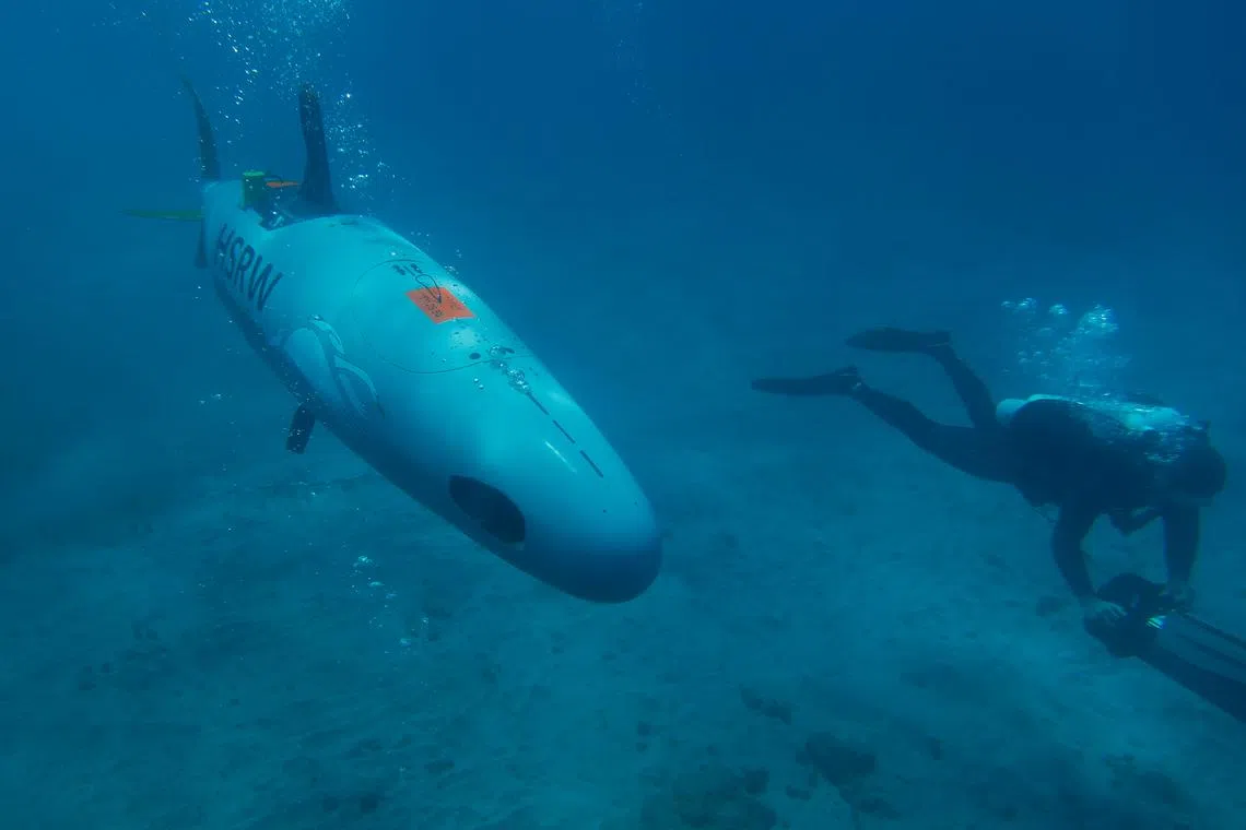 The sub is fitted out with a sort of underwater bicycle piloted by a scuba diver.