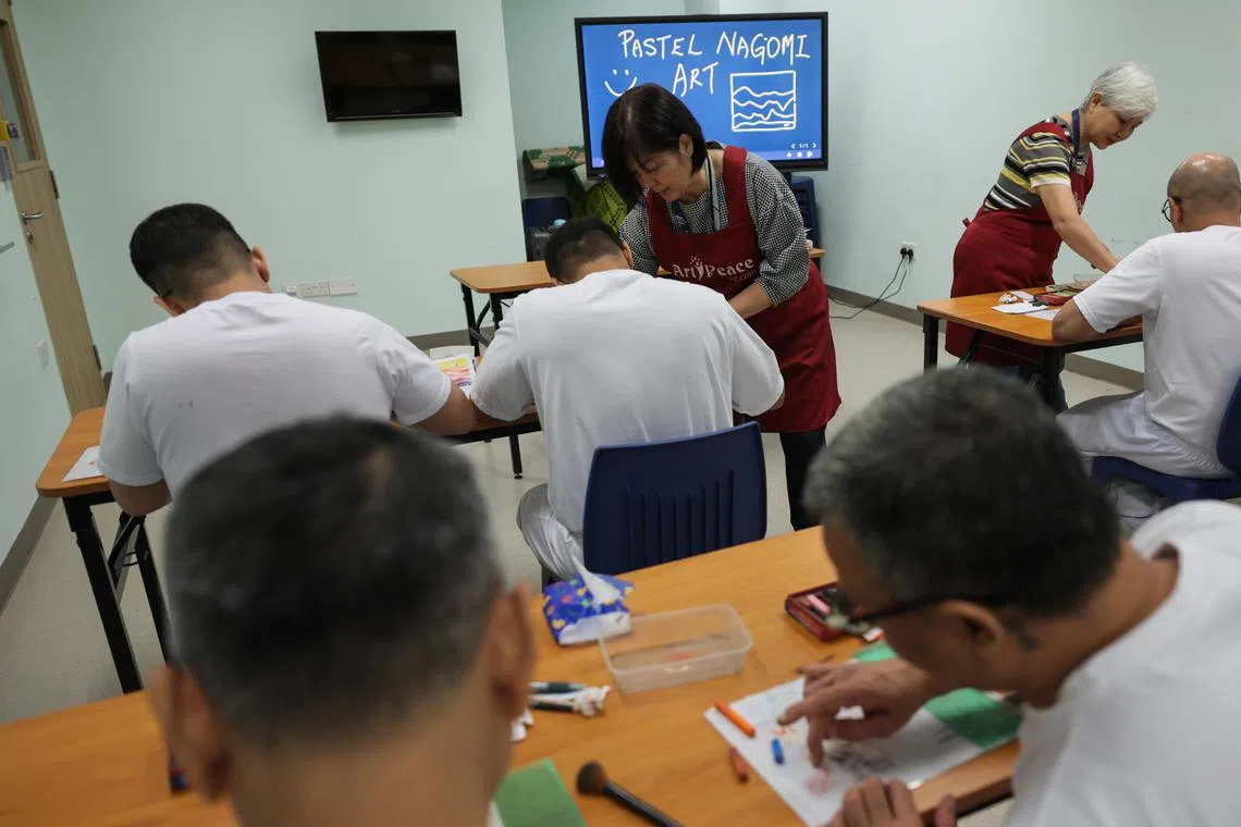 ST20250211_202535600574: Gin Tay/ slprison11/ Samuel Sashant Devaraj/
Inmates attending a Pastel Nagomi Art activity in Institution S2 at Selarang Park Complex, on Feb 11, 2025.