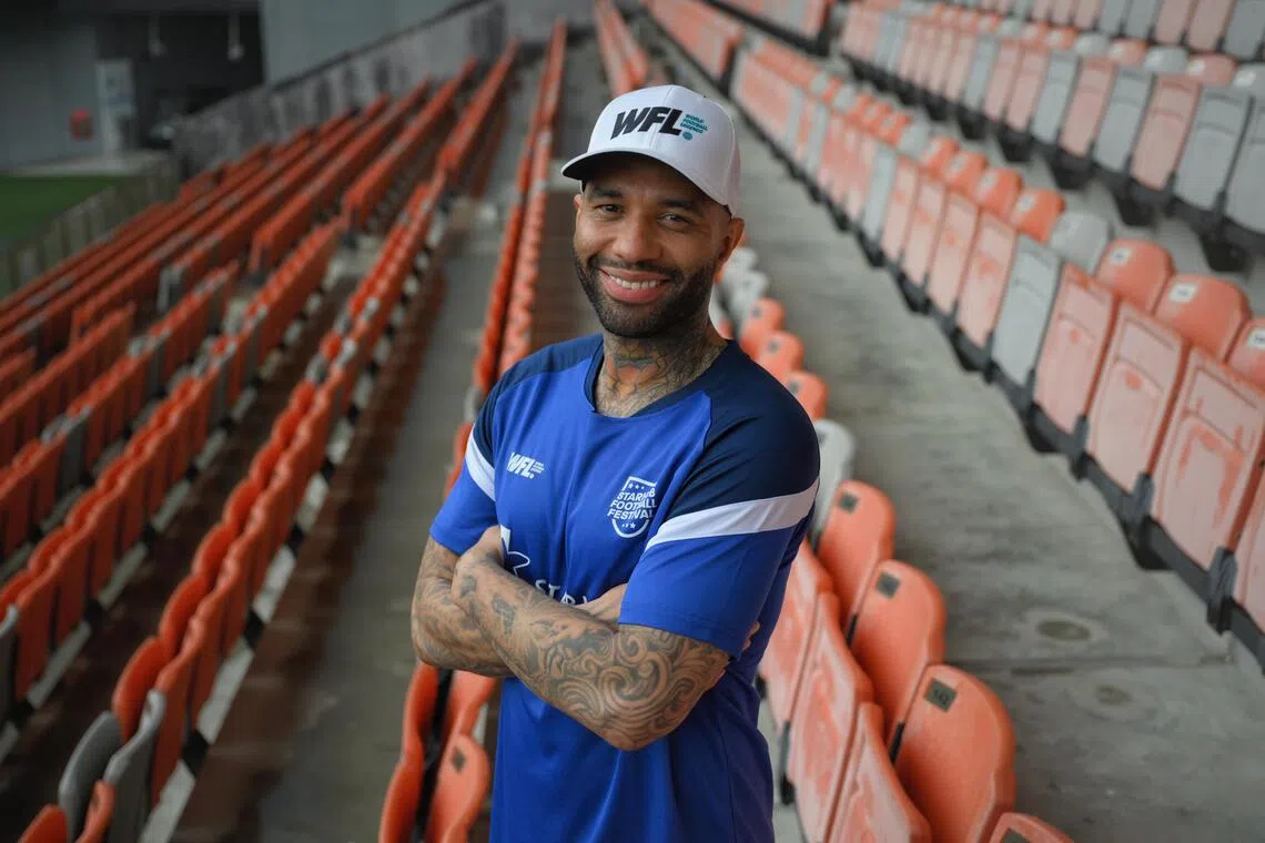 Jermaine Pennant at Our Tampines Hub in 2024 during a visit for a football clinic as part of the StarHub Football Festival. He played for Tampines Rovers in 2016.