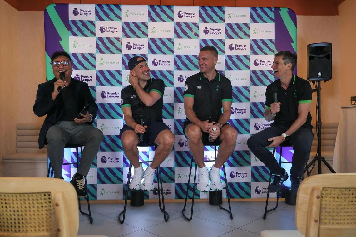 CMG20260521-RChiong01/张俊杰/陈明耀，卓舒畅/StarHub Announce What’s Next for Premier League Fans in Singapore Press Conference Legends interview [Malayan Settlement, 3 River Valley Rd, Blk B, #1-03, Singapore 179021]
From second left: English football coach and former footballer Joe Cole, Serbian former footballer Nemanja Vidić, and StarHub’s vice-president of Entertainment Yann Corqueux at the Malayan Settlement in Clarke Quay on May 21, 2026.