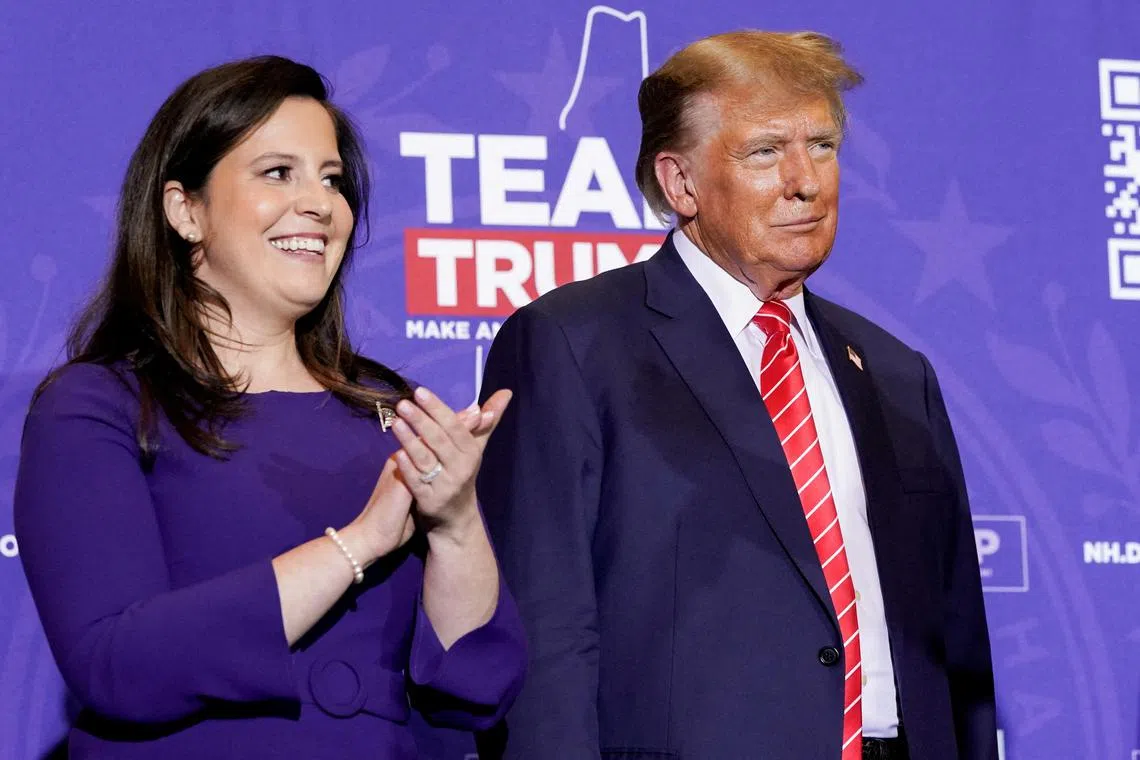 FILE PHOTO: Former U.S. President and Republican presidential candidate Donald Trump and U.S. Representative Elise Stefanik (R-NY) attend a rally ahead of the New Hampshire primary election in Concord, New Hampshire, U.S. January 19, 2024. REUTERS/Elizabeth Frantz/File Photo