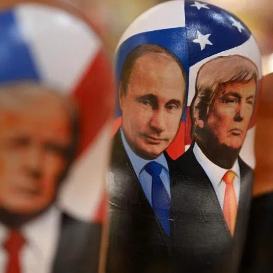 Matryoshka dolls depicting Russian President Vladimir Putin and US President Donald Trump being displayed at a gift shop in Moscow, Russia.