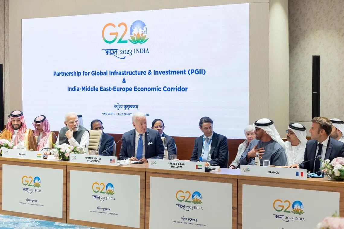 (Front from left) Prince Mohamed bin Salman bin Abdulaziz Al Saud, Crown Prince of Saudi Arabia, Indian Prime Minister Narendra Modi, US President Joe Biden, Sheikh Mohamed bin Zayed Al Nahyan, President of the United Arab Emirates, and French President Emmanuel Macron.