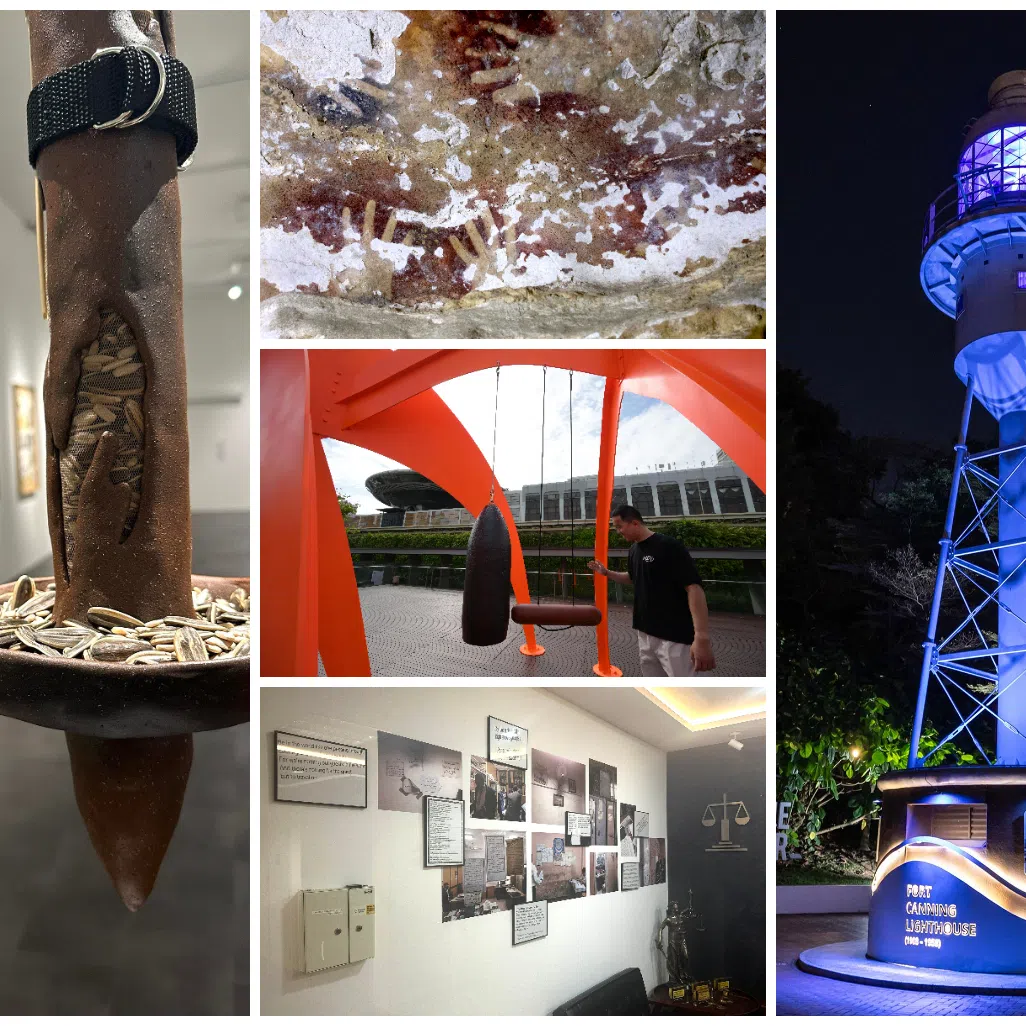 (Clockwise from left) Faysal Altunbozar’s Feeder No. 8, 9 and 10 (2025), The Observatory & DuckUnit’s Membrane (2025), Taiwanese artist collective lololol’s Light Keeper, Maha Maamoun’s The Subduer (2017), and Tuan Andrew Nguyen’s Temple (2025) (centre).