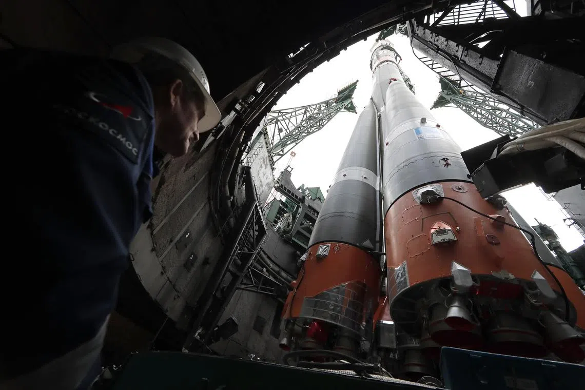The Soyuz 2.1a booster rocket with Soyuz MS-24 spacecraft is seen during installation on the launch pad at the Baikonur Cosmodrome in Baikonur, Kazakhstan, on Sept 12. 