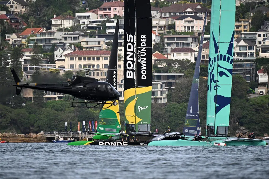 Team Australia and Team USA racing on Race Day 2 of the SailGP in Sydney Harbour in Australia on March 1, 2026.