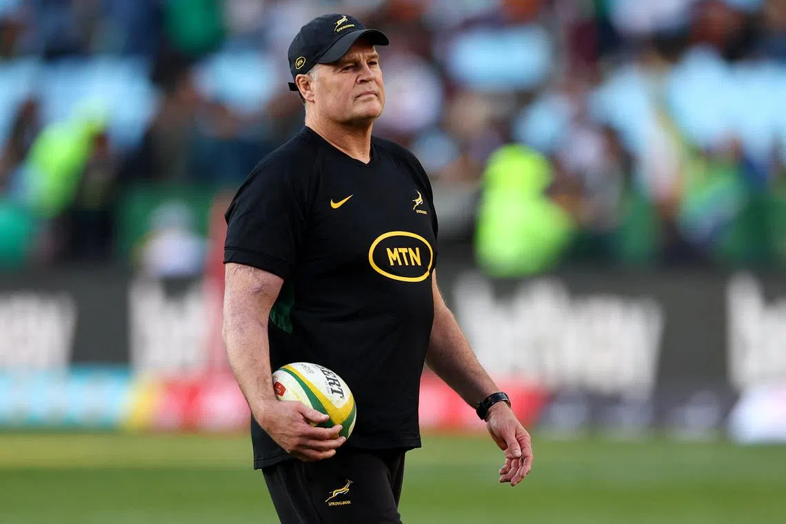 FILE PHOTO: Rugby Union - South Africa v Ireland - Loftus Versfeld Stadium, Pretoria, South Africa - July 6, 2024 South Africa head coach Rassie Erasmus before the match REUTERS/Siphiwe Sibeko/File photo
